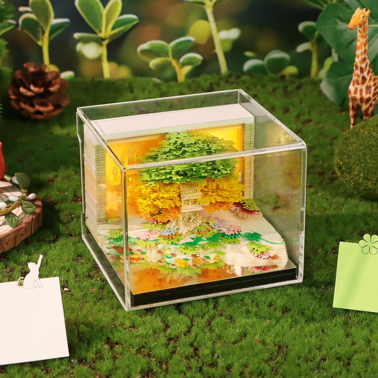 Motivierende Tischkalender Kalender 2026, Schreibtisch-Notizblock mit 3D-Katzenmotiv aus Papier, Geschenkidee AT-A-GLANCE 2026 Wandkalender(Tree House-A,With Light)