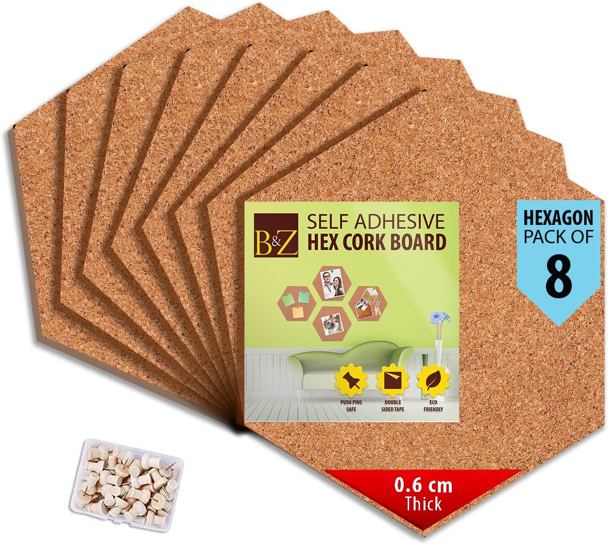 B&Z Self Adhesive Sticky Cork Board Hexagon Tiles Mini Wall Bulletin Boards Pin Message Notice Board Office Memo School Pinboard Wooden Push Pin Hexagon Rounded Curves (30cm x 26cm x 0.6cm) (8)