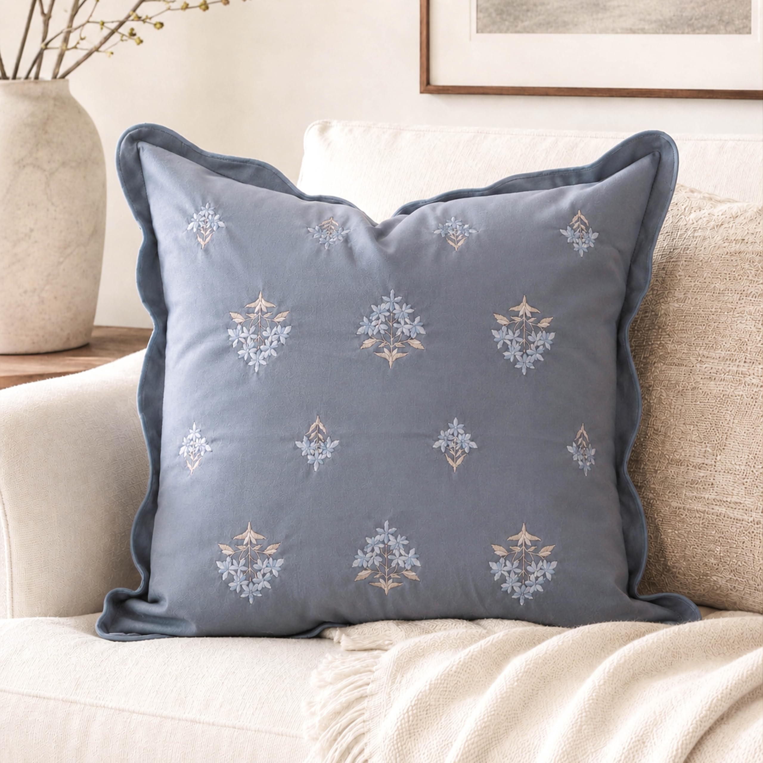 BlissBlush Throw Pillow Cover 20x20, Coastal Blue Blue Velvet Decorative Pillow Cover, Dusty Blue Floral Accent Cushion Cover with Embroidery and Scalloped Edge for Couch Sofa Bed, Cover ONLY