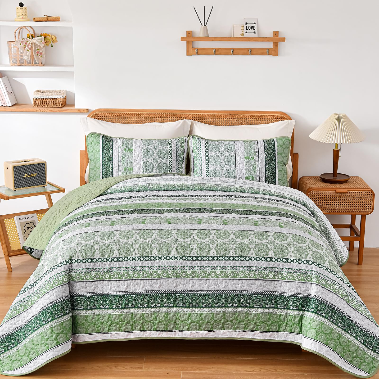 Edredón bohemio verde de 3 piezas colcha ligera reversible tamaño queen para cuatro estaciones