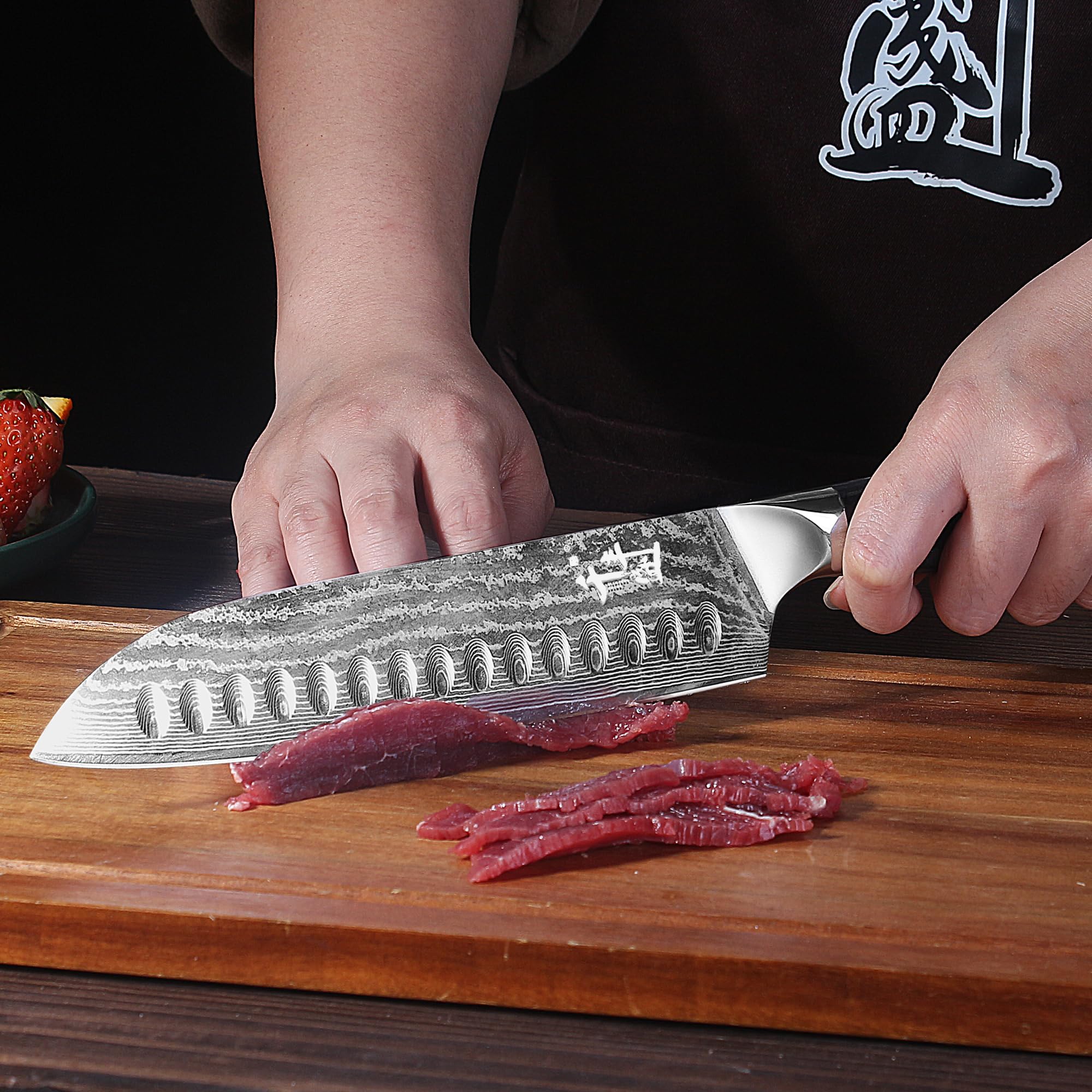 Coltello Santoku in Damasco da 18 cm, coltello da cucina con manico in legno, coltello da chef ad alto tenore di carbonio, coltelli da cucina ultra affilati in acciaio inossidabile Damasco