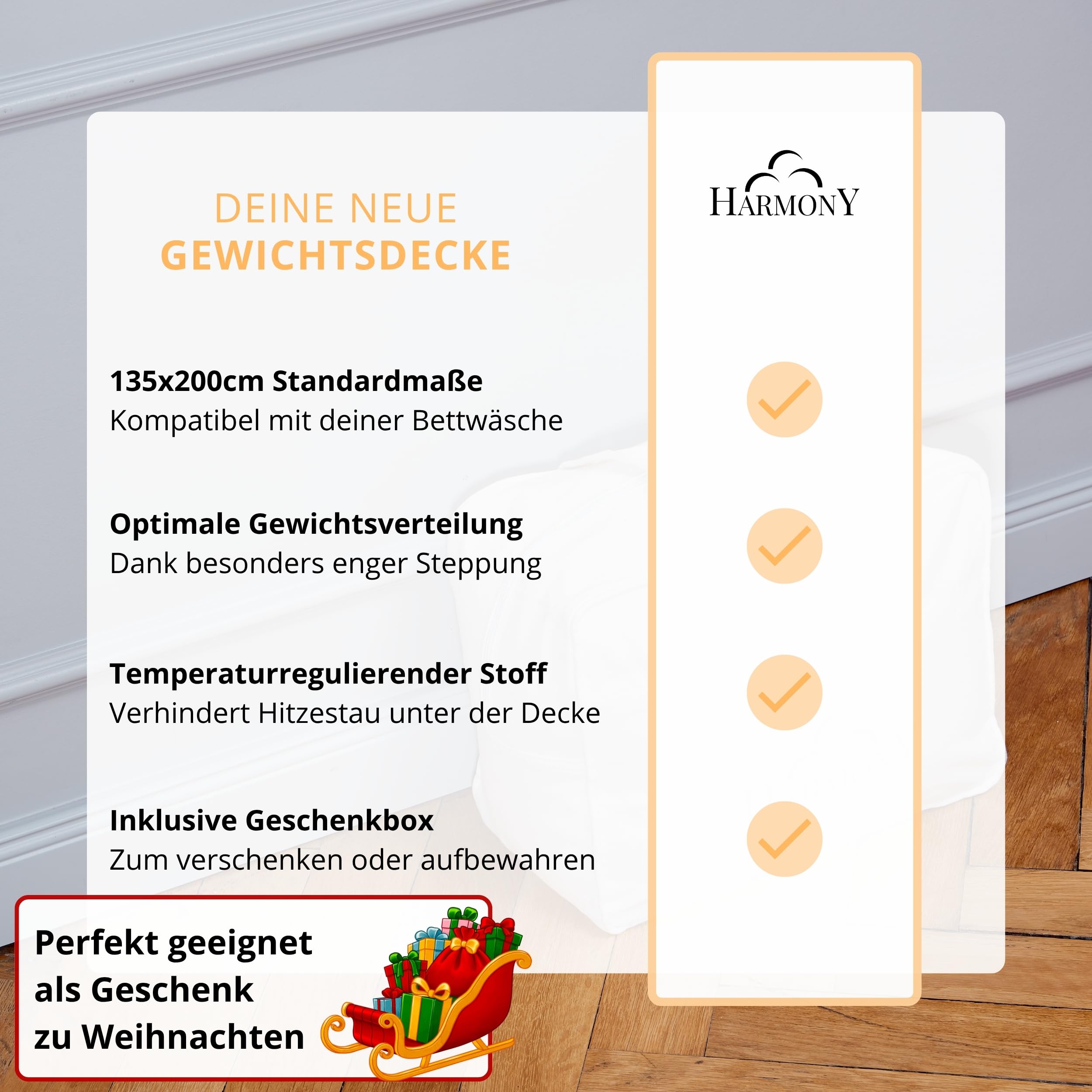 HARMONY Gewichtsdecke 135x200 cm atmungsaktiv Oeko-Tex Zertifiziert Anti-Stress Decke Therapiedecke 6kg 7kg 8kg 9kg inkl. Geschenkbox