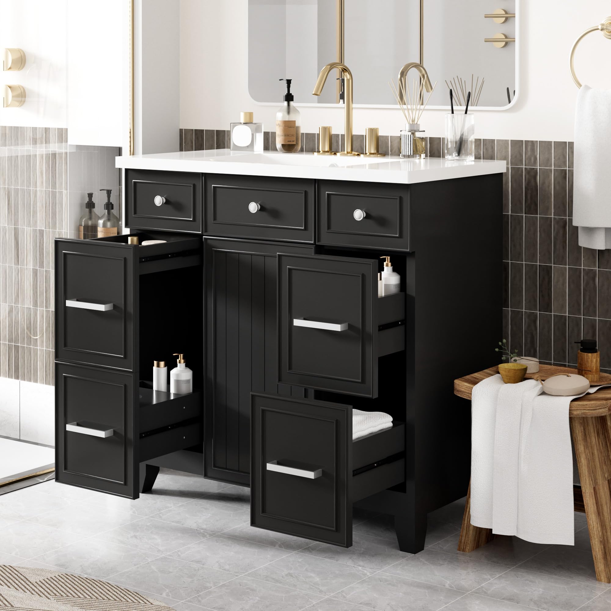 HiHomely 36 Inches Black Bathroom Vanity Set with Sink Top Combo – Single Sink, Shaker Cabinet, Soft-Closing Door & 3 Drawers – Modern Storage Solution (3 Drawers + 1 Doors)