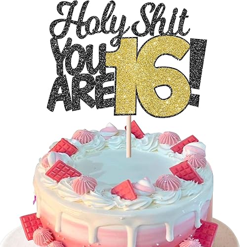 Holy Shit You are 16 - Decoración para tartas de 16 cumpleaños con purpurina para dulces 16, dieciséis saludos a 16 años, suministros de decoración
