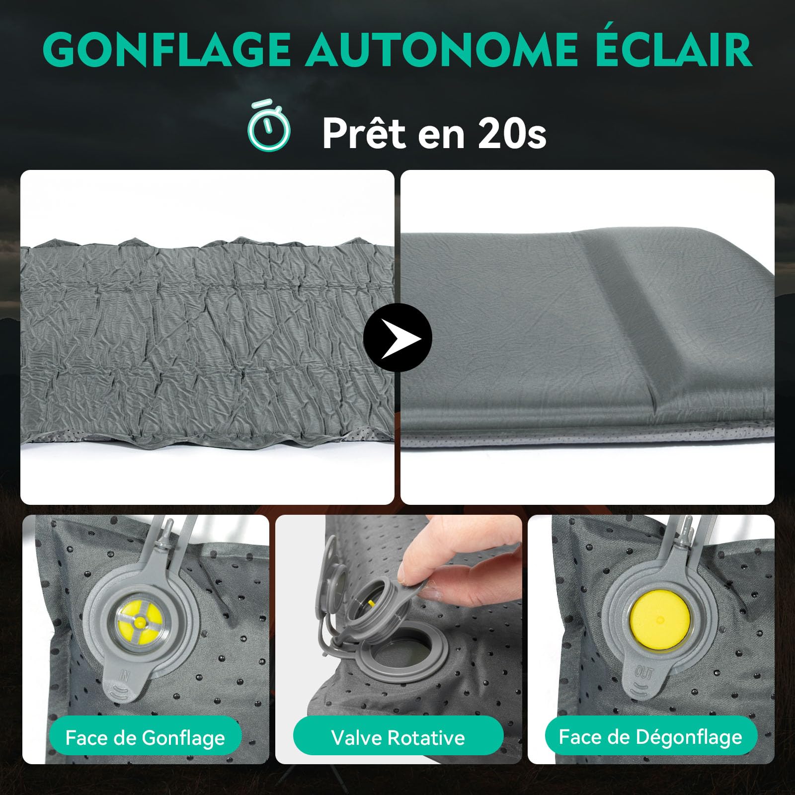 HIKENTURE Matelas Autogonflant en Mousse 8 cm - Ultra-Confort | Avec Oreiller et Silencieux - Valeur-R 9,6 Isolant 4 Saison - Matelas Camping 1 place pour Trekking, Randonnée et Bivouac