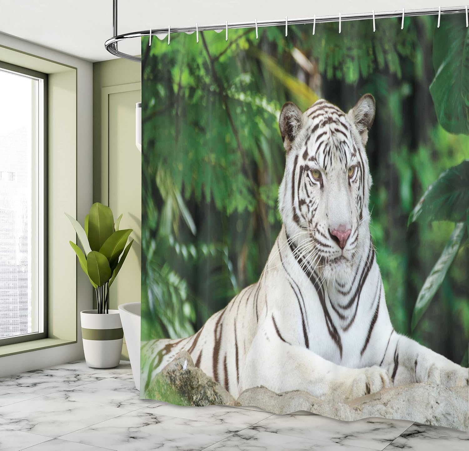 Ambesonne Tiger Shower Curtain, Albino Bengal Cat Sitting on a Rock in Forest Southeast Asia Indigenous Species, Cloth Fabric Bathroom Decor Set with Hooks, 69" W x 70" L, Fern Green White
