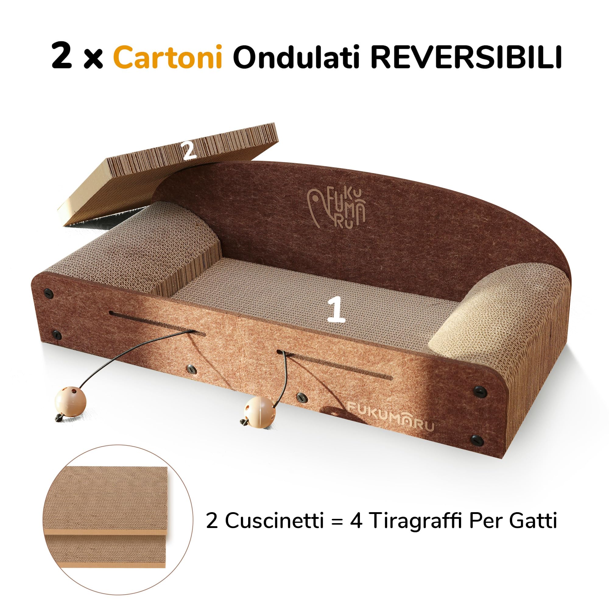 FUKUMARU Tiragraffi per Gatti in Feltro e Cartone Resistente 66cm, Tiragraffi con 2 Cartoni Sostitutivi,Cuscini Laterali Arrotondati e Funzione Lettino Integrato per Graffi e Riposo (Sicuro e Morbido)