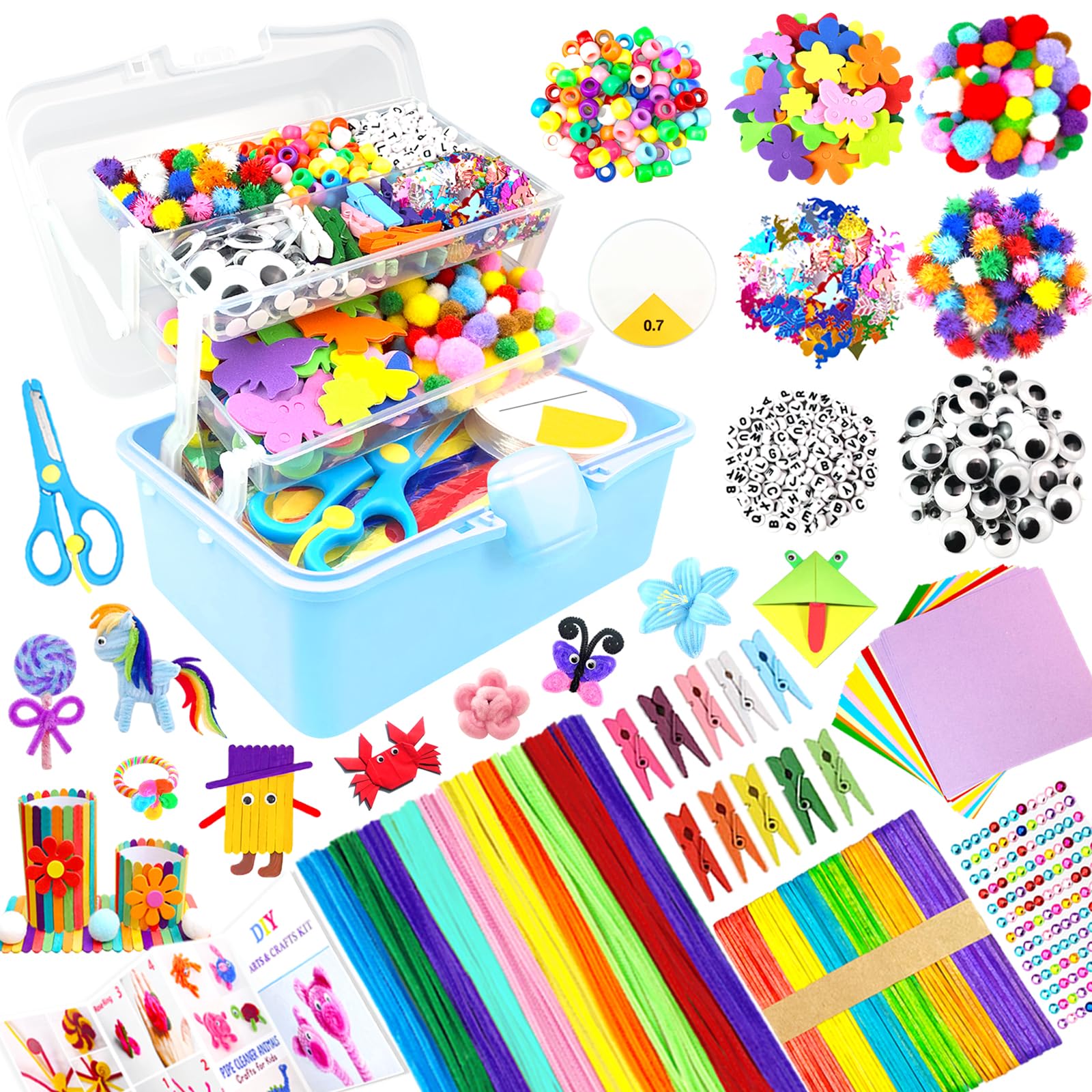 BNUZEIYI Arts and Crafts Supplies for Kids - Craft Kit 3-Layered Kids Craft Box with Pipe Cleaners DIY Homeschool Supplies Materials Toys Gifts for Toddlers, Girls & Boys Age 4-8, 8-12, Blue