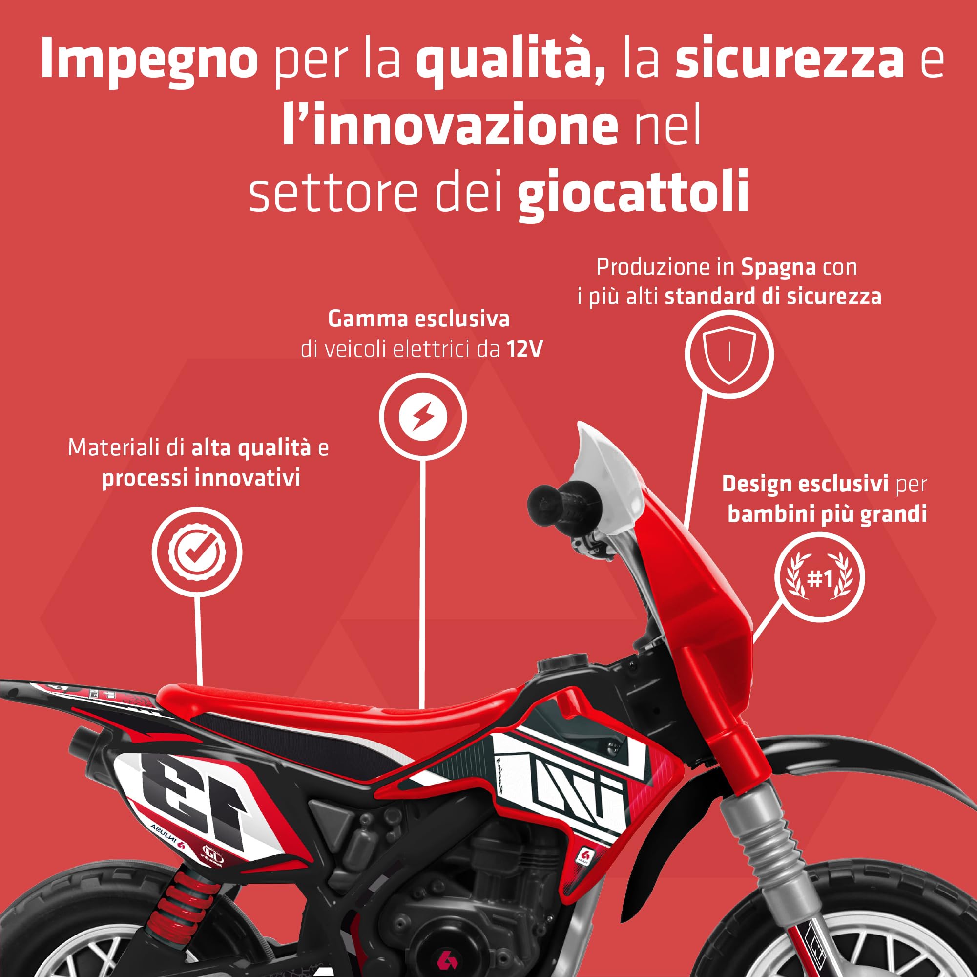 Moto Elettrica Bambini 3 4 5 6 Anni Cross Thunder Max VX 12V Nera Rossa con Acceleratore Manubrio + Ruote in Plastica con Gattistrada Gommate + Rotelle Stabili + Design Sportivo Offroad | INJUSA