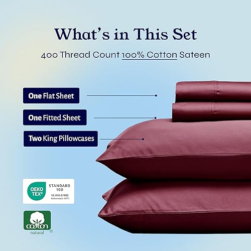 Vista 226 de Juego de sábanas de 400 hilos y 6 piezas, tamaño King, con 4 fundas de almohada, ropa de cama de 100 % algodón con tejido satinado, color azul 12