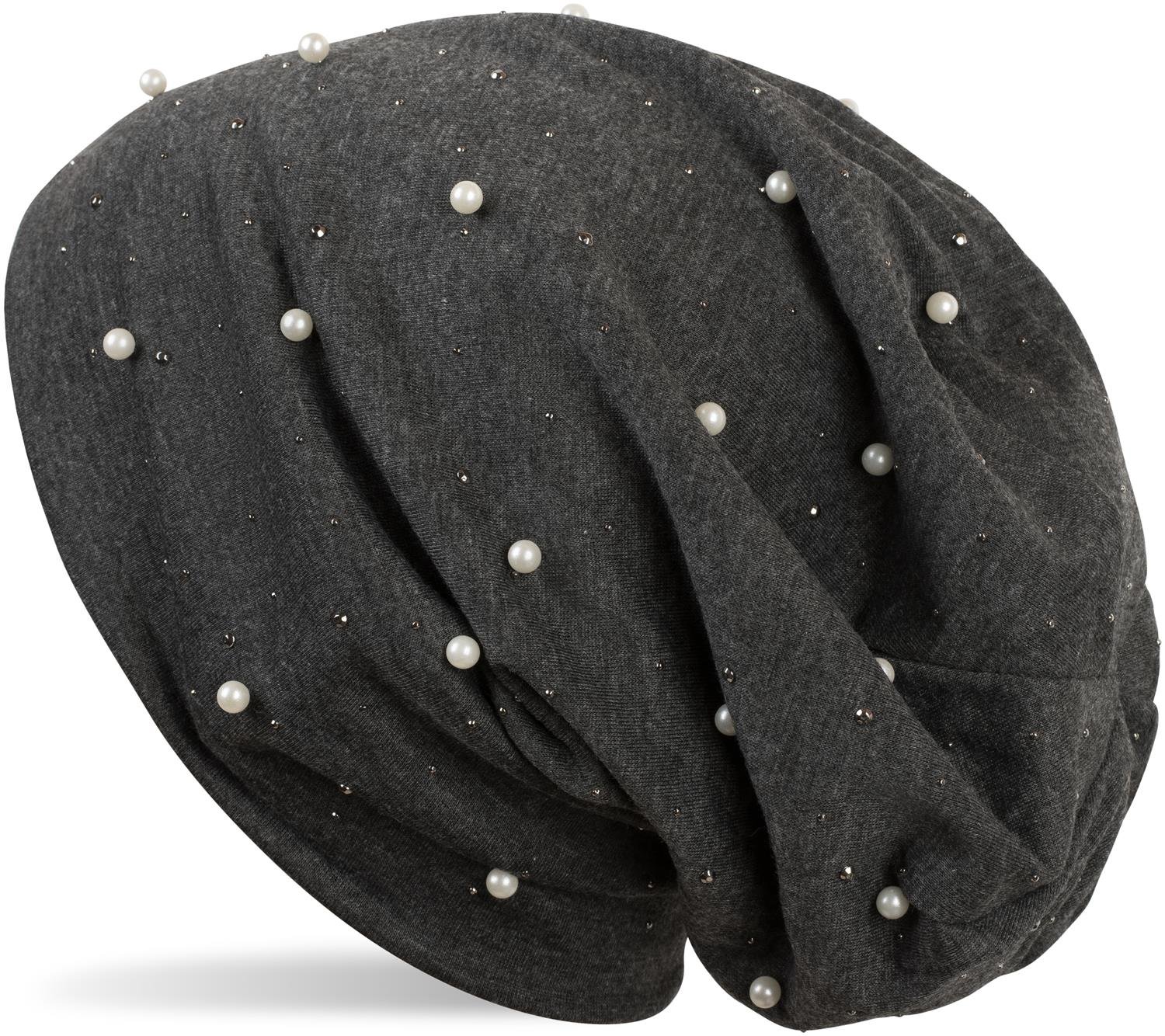 Stylebreaker Women's Mottled Dark Grey Beanie Hat With Pearls And Rhinestone Studs, Long Slouch Beanie, 04024140, Colour: