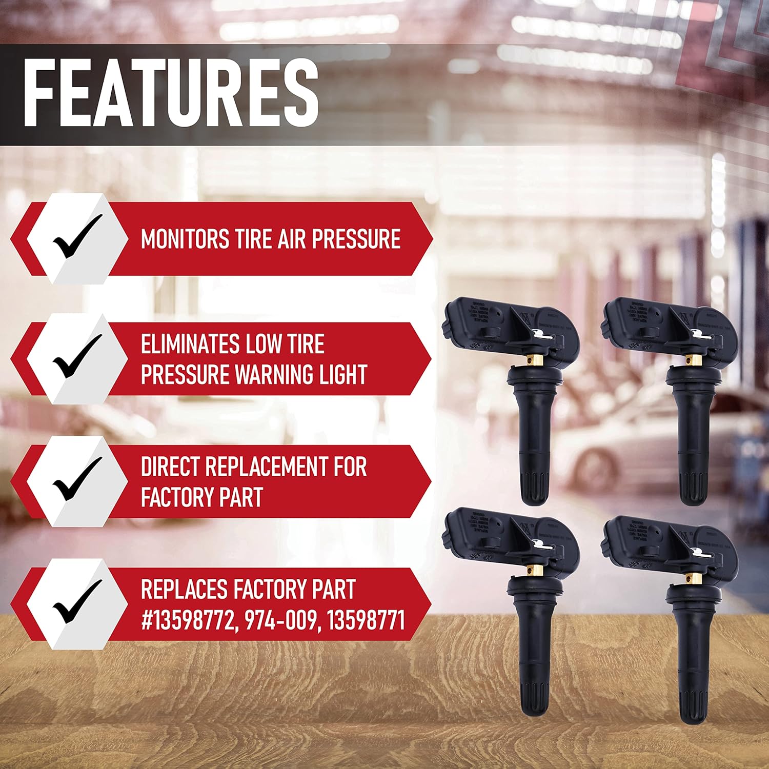 Replacement TPMS Sensor Set of 4 - Compatible with Buick, Cadillac, Chevrolet, GMC, Hummer, Pontiac, Saab, Saturn - Replaces 13598772, 974-009, 13598771-315mhz - Tire Pressure Monitoring System