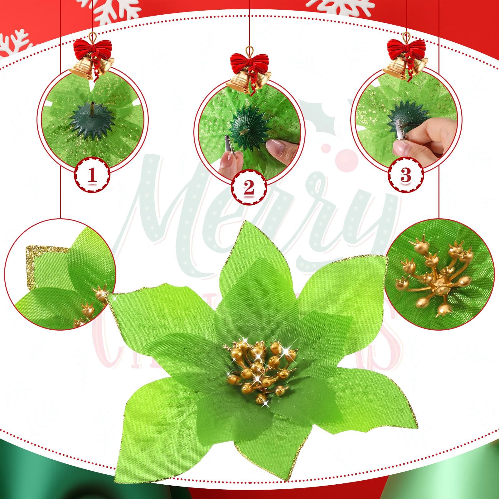WILLBOND 24 Pieces 3 Size Christmas Glitter Poinsettia Flowers Wedding Faux Flowers Christmas Decoration Ornaments For Christmas tree New Year Home Outdoor Decoration (Green,3.2/4/6 Inches) - Image 3