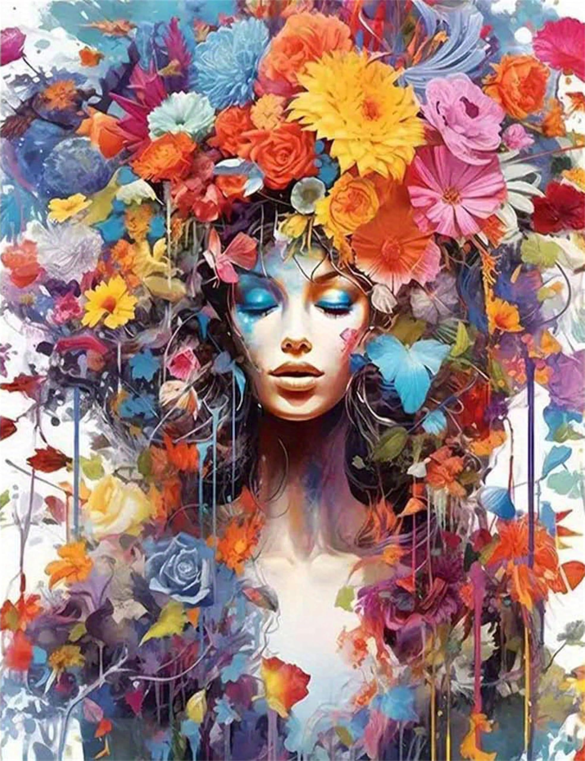 Nianxi 5D Flower and Woman DIY Diamond Painting Kit for Adults,Diamond Art Kits for Beginner,Painting by Diamonds,Gem Art Kits Round Drill for Home Wall Decor Gifts for Women, Men (Woman2)