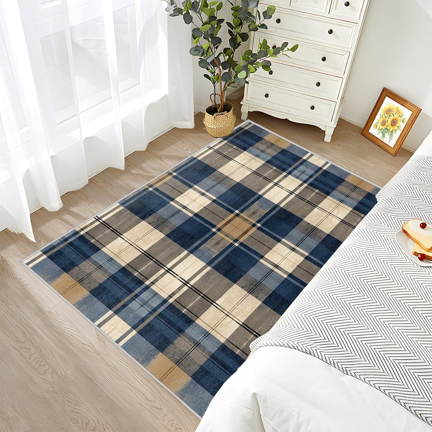 Bullfalo Check Rug Indoor - 2x3 Rug - Bullfalo Check Rug - Bullfalo Plaid Vintage Area Rug - Tartan Geometric Checkered Rugs - Navy Blue and Tan Carpet - Home Decor