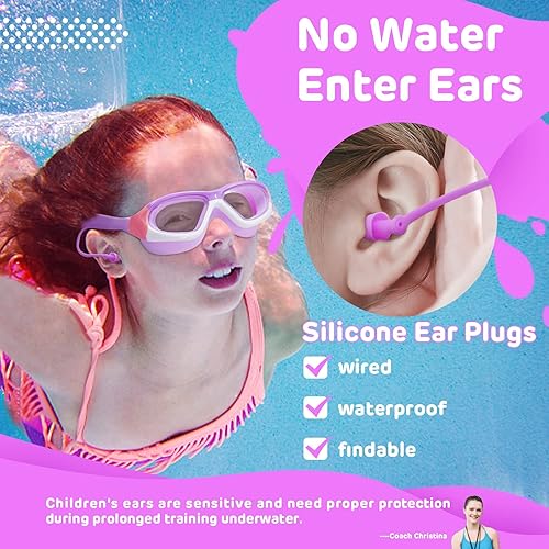Miniatura 6 de Vvinca Gafas de natación para niños de 3 a 12 años, diseño mejorado 2024 con tapón para la oreja y la nariz, visión amplia, antivaho sin fugas,