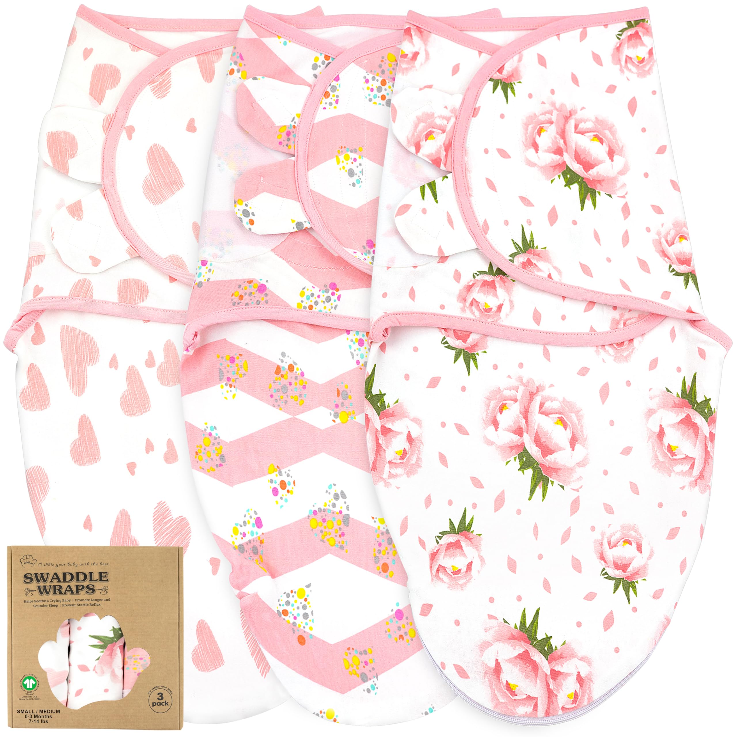 Bublo Baby Newborn Swaddle Blanket 3-Pack, S/M 0-3 Months, GOTS Certified Organic Cotton, Adjustable Hook-and-Loop Wrap, Soft Breathable Sleep Sack, Reduces Startle Reflex for Boys & Girls : Baby