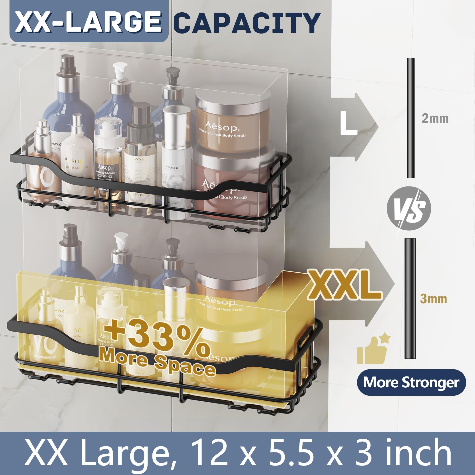 OMAIRA Adhesive Shower Caddy, 3-Pack with Soap Holder,No Drill Bathroom Organizers, Wall Mounted Shower Shelves for Bathroom, Kitchen, Countertop, Black