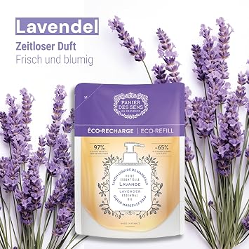Panier des Sens Lavender Hand Soap Refill Bag 2 x 500 ml Marseille Soap Savon de Marseille Moisturising Liquid Soap Refill Pack with Coconut Oil for Gentle Daily Cleansing