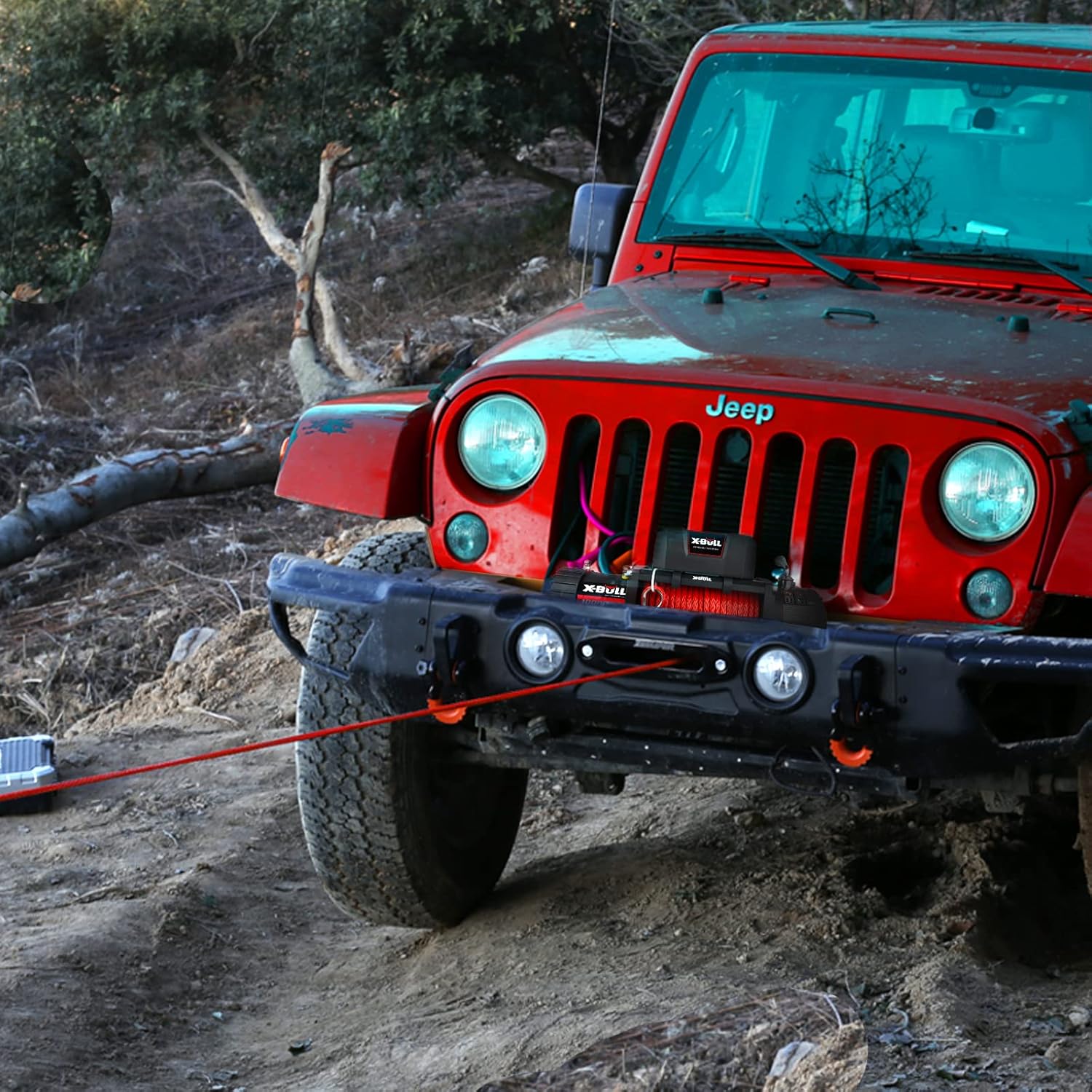 12V Synthetic Rope Winch-10000 lb. Load Capacity Electric Winch Kit, Waterproof IP67 Winch with Wireless Handheld Remotes and Corded Control Recovery with Hawse Fairlead, Red