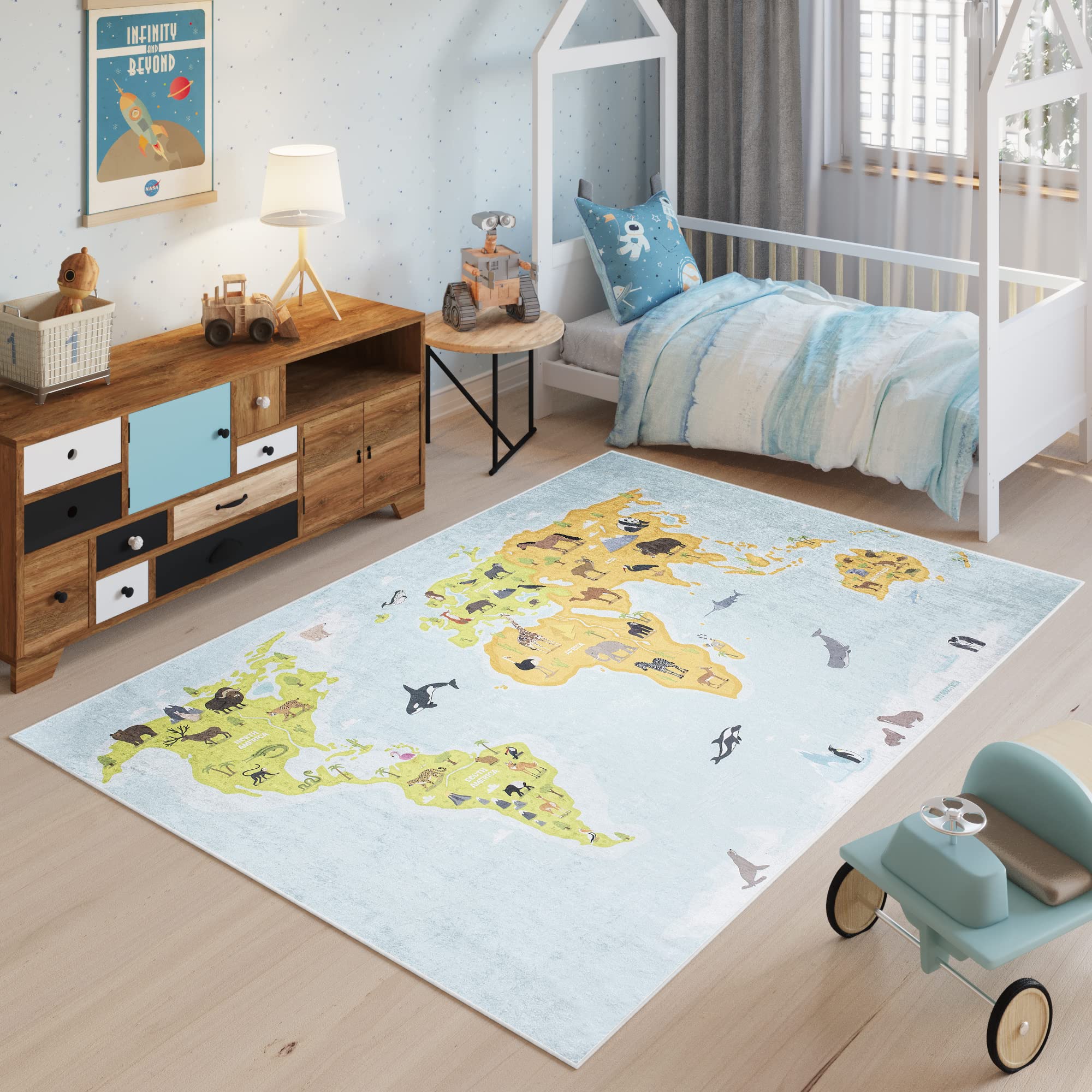 TAPISO Emma Tappeto Gioco Bambini Sala Giochi Cameretta Stanza Bambini Stampato Morbido Multicolore Mappa del Mondo Antiscivolo Lavabile in Lavatrice 140 x 200 cm