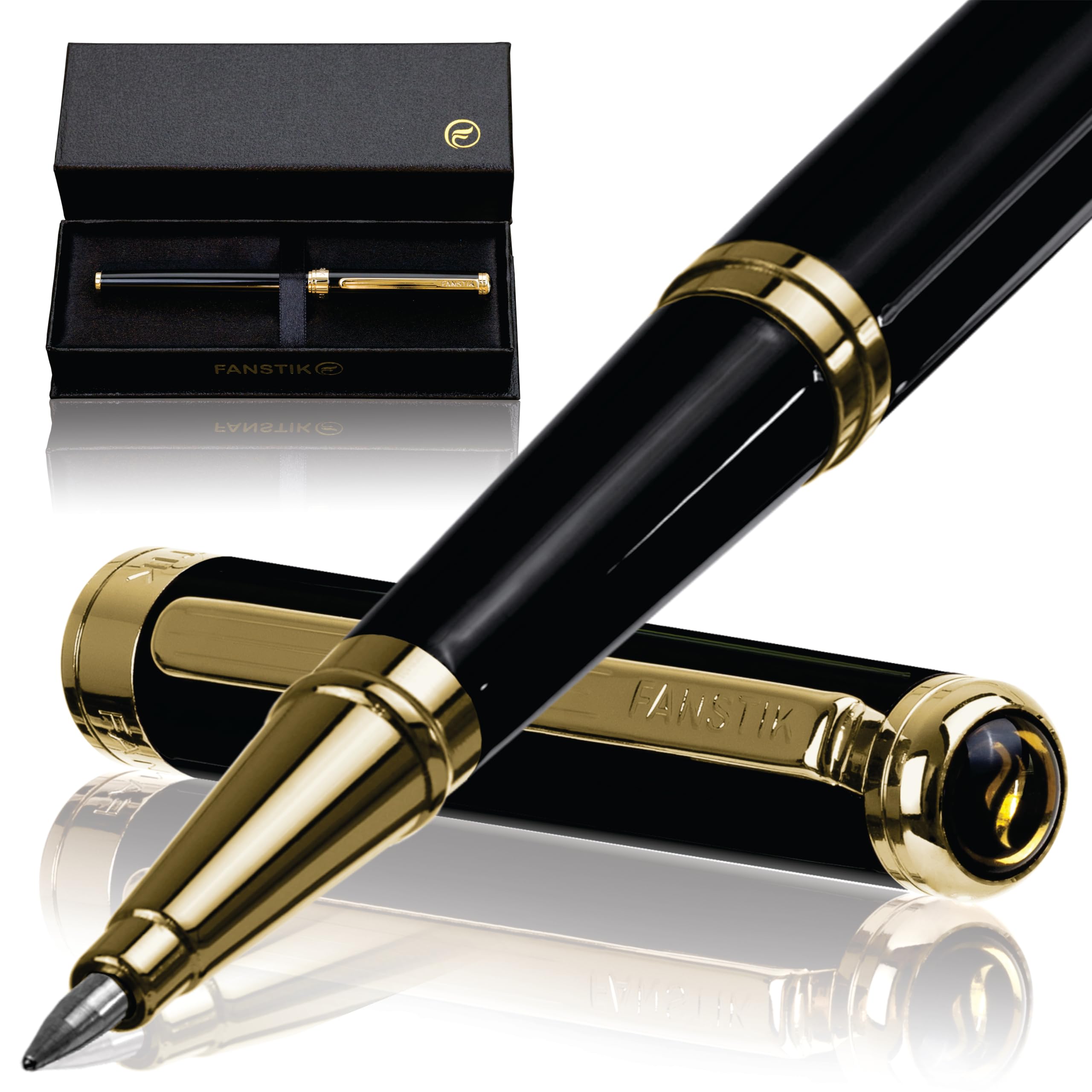 FANSTIK Customized Black & Gold Luxury Rollerball pen, fancy gift set for women, Real 24K Gold Plating, Professional executive pen gift set for men (