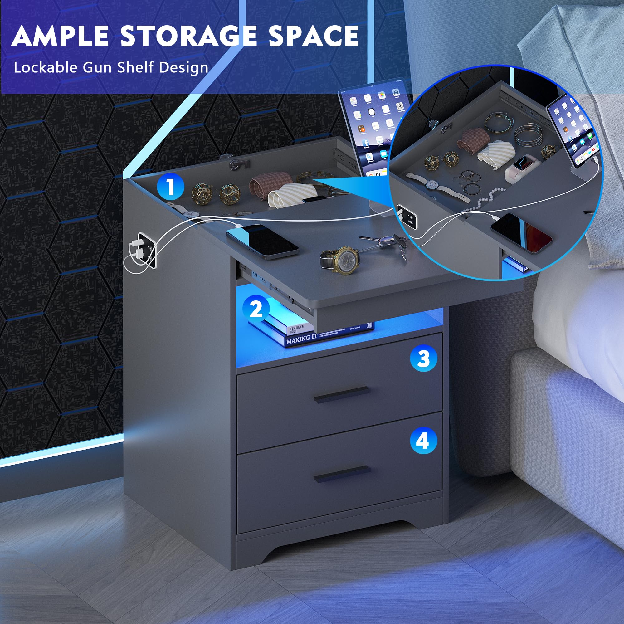 Gurexl LED Nachtschrank mit 3 Licht Dimmbar, Smart Nachttisch mit Ladefunktion, Abschließbare Schubladen Sideboard mit 3 Schubladen USB Type-C Wohnzimmer Grau
