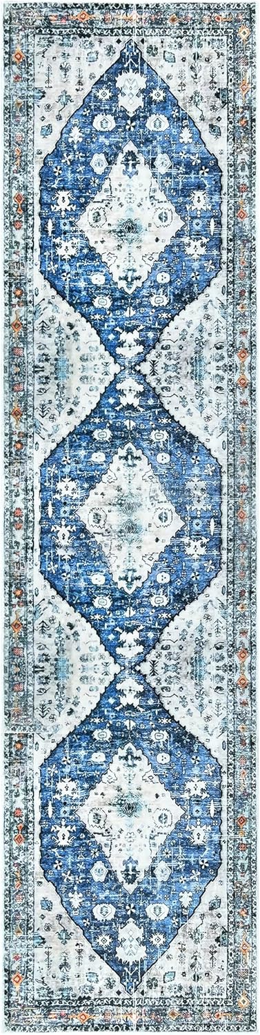 Washable Runner Rug 2'x8' Non Slip Boho Kitchen Runner Rug with Rubber Backing, Low Pile Soft Faux Wool Vintage Runner for Kitchen, Bedroom, Laundry, Entryway Indoor - Blue