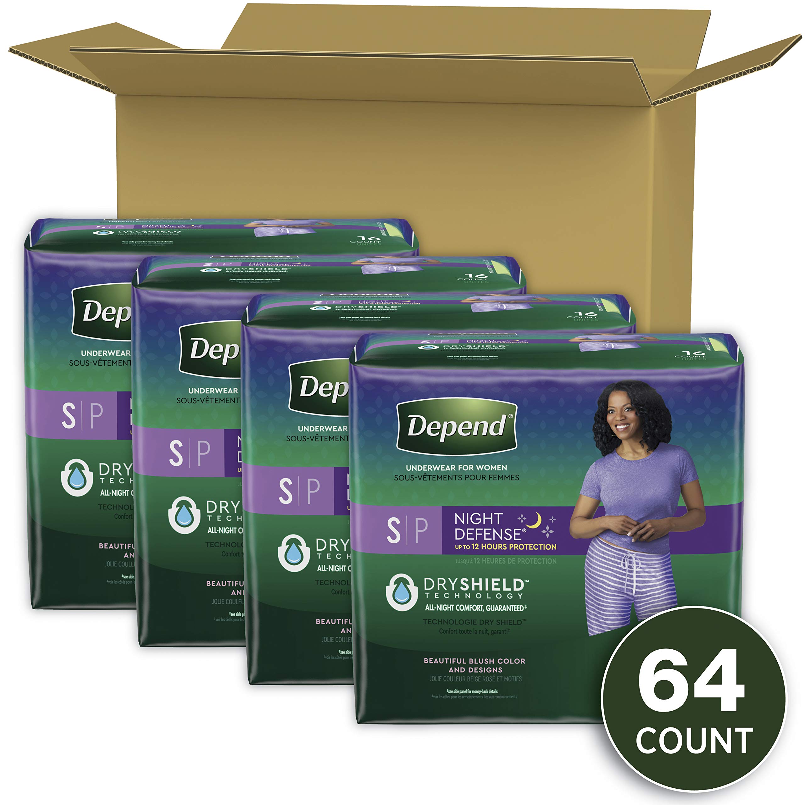 Depend Night Defense Incontinence Underwear for Women, Disposable, Overnight, Small, Blush, 64