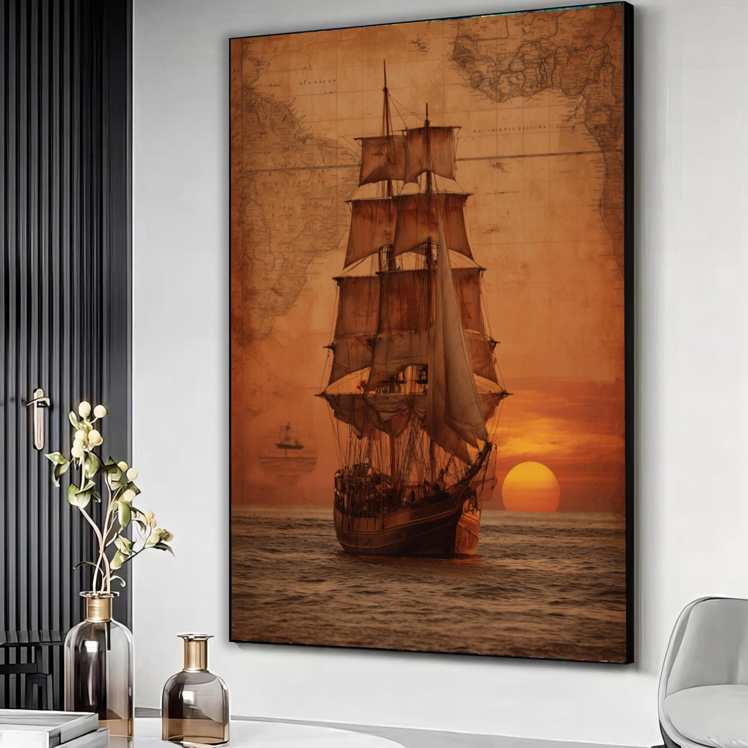 Yusuzhu Frameless Vintage Sailing Ship Canvas, Old Map, Maritime Wall Art, Nautical Decor, Sunset Ocean Scene, Historic Vessel Canvas Art(30X40cm/Frameless)