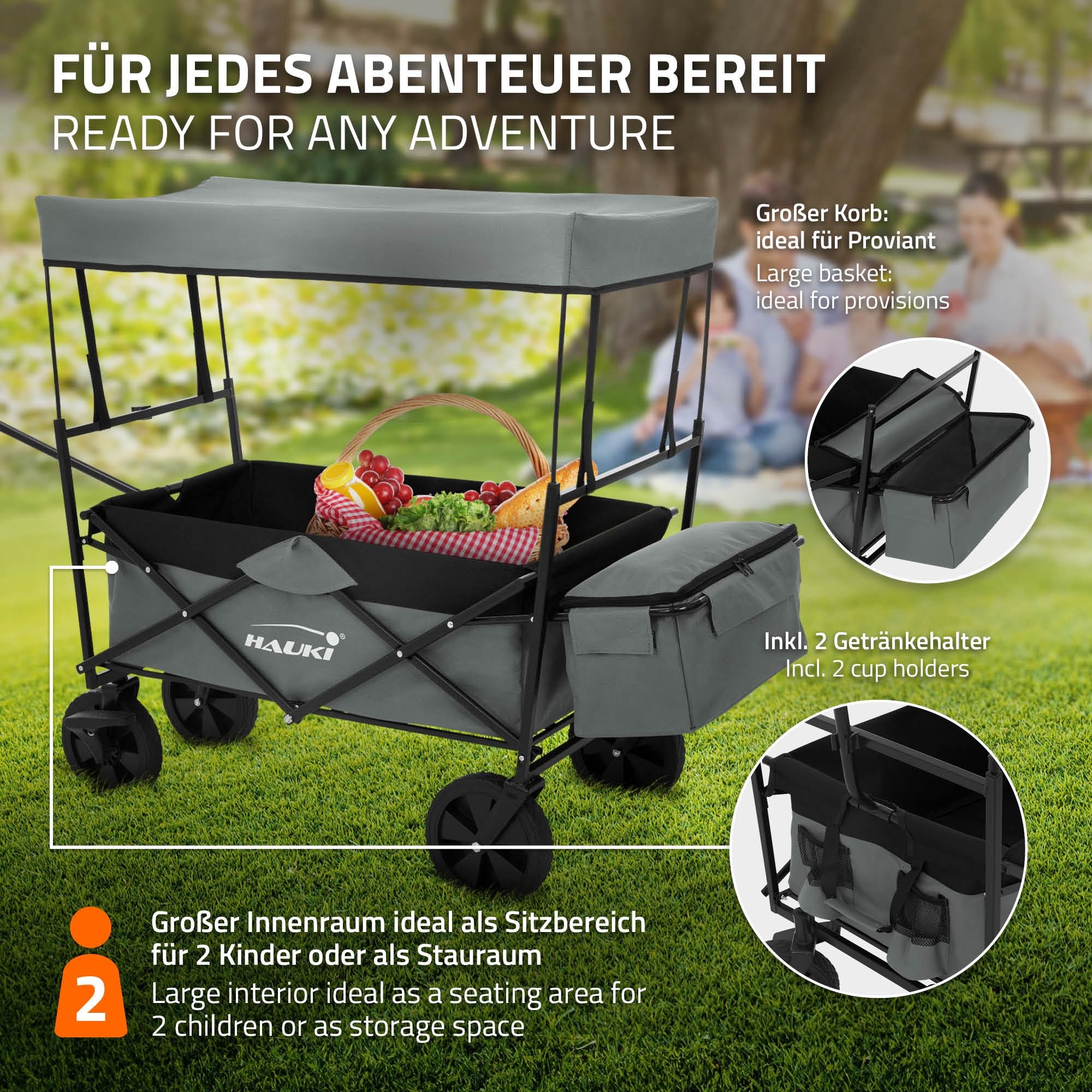 Hauki Carrello Pieghevole da Spiaggia per Bambini, Carretto a Mano per Trasporto Bimbi con Tettuccio e Borsa Posteriore, Carrello Portatutto con Parasole Grigio e Freno Ruote Anteriori, Carico 80 kg