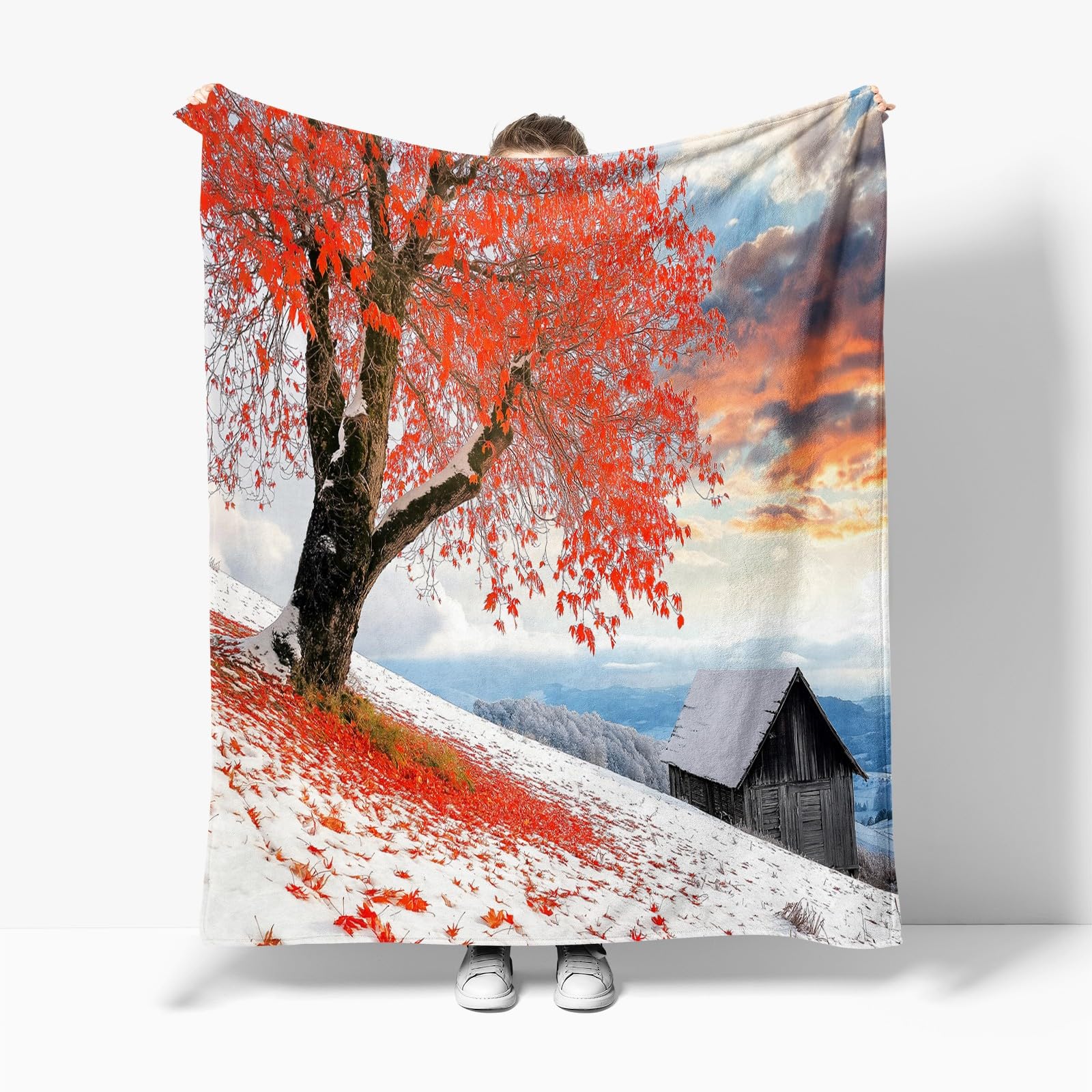 Plaid Couverture Polaire 180x200 cm Feuilles D'Érable De Maison De Montagne De Neige Couverture Flanelle, Plaid Polaire Sherpa, Couverture Chaud Canapé, Jete de lit, Couverture Peluche Moelleuse