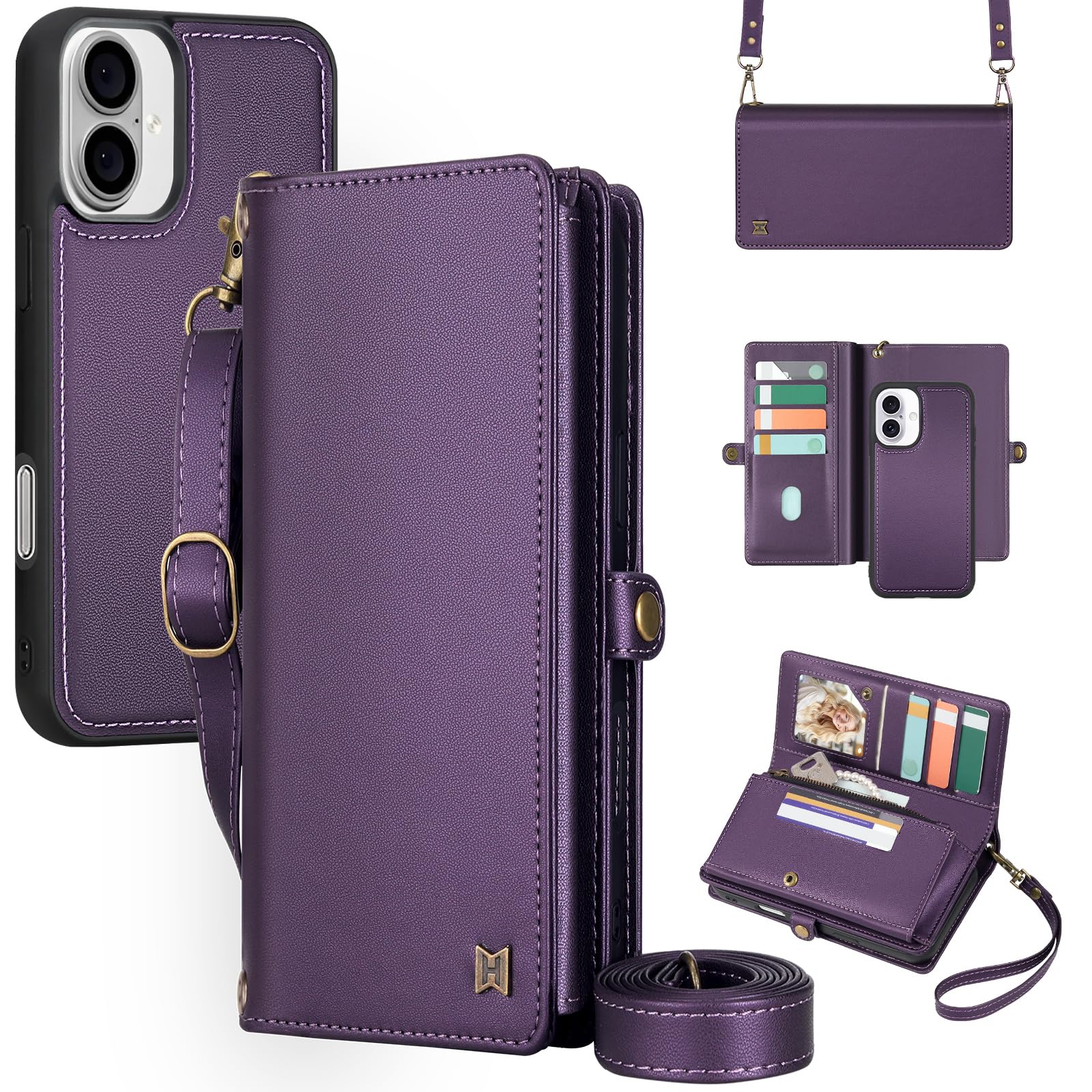 Photo 1 of MEGSHI for Wallet Case Compatible with iPhone 16,Multi-Function Detachable 2 in 1 Magnetic iPhone 16 Case Wallet,Flip Strap Zipper Card Holder Phone Case with Shoulder Straps (Pruple)
