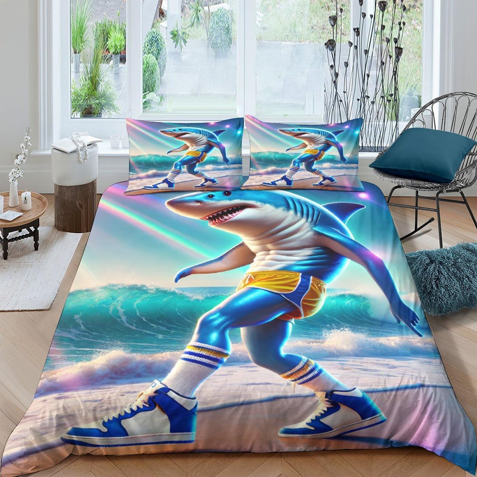 Ctjqhvkz Style-10 3D Printed Shark Surfer Fitted Sheet Microfiber Colorful Ocean Wave Mattress Cover For Bedroom Dorm Room Decor Single（135X200cm）