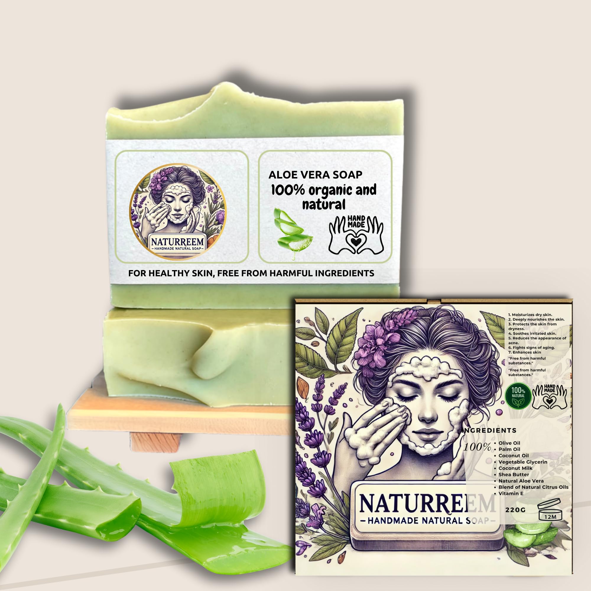 NaturReem"Natural Aloe Vera Soap 220G- Free from Harmful Chemicals (Parabens, Sulfates, and Silicones) - Handmade for All Skin Types "