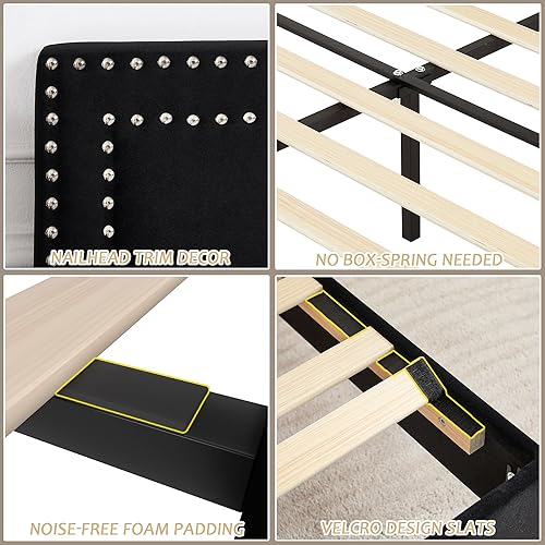 Miniatura 348 de VECELO Base de cama de tamaño matrimonial con cabecera tapizada ajustable, plataforma de listones de madera, diseño sin ruido, fácil montaje Negro