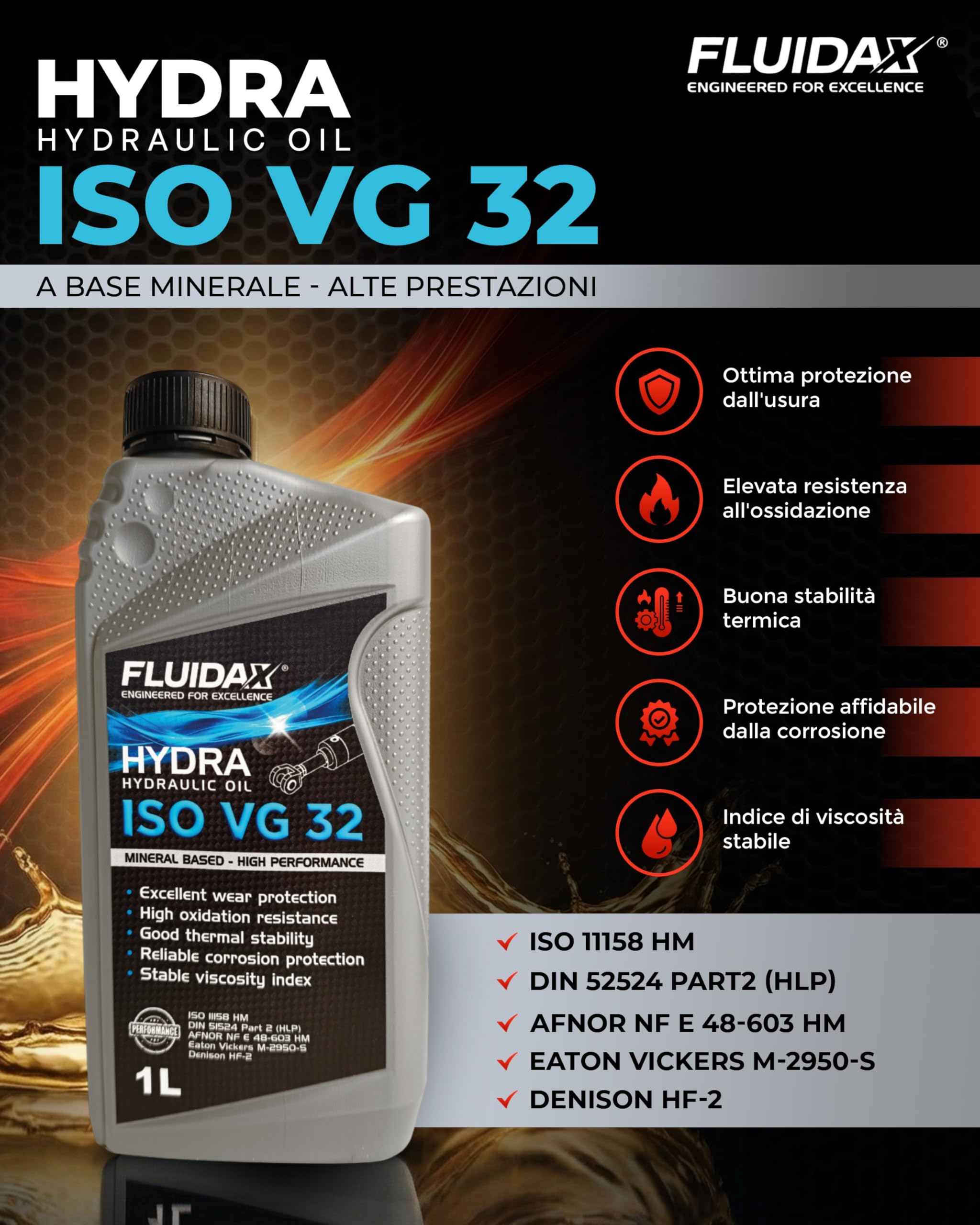 Olio Idraulico ISO VG 32 – Lubrificante Minerale, Antiusura - Antiruggine - Antischiuma per Impianti Idraulici, Muletti e Macchine Industriali – 1 Litro ISO HM - DIN 51524-51525