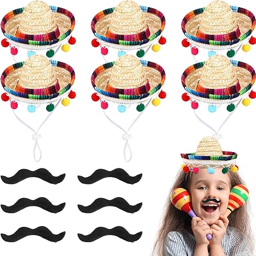 Jiuguva 12 piezas de mini sombrero mexicano de paja, bigote falso negro, barba falsa autoadhesiva para niños, mascotas, decoraciones de fiesta