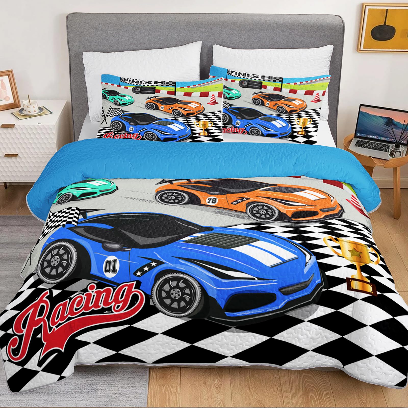 Axolotl Racing Car Quilt Set for Queen Bed,Cool Speed Race Cars Bedspread Coverlet Set for Boys,Cartoon Extreme Sports Comforter Set for Men Adults,3 Piece Sports Car Bed Cover with 2 Pillowcases