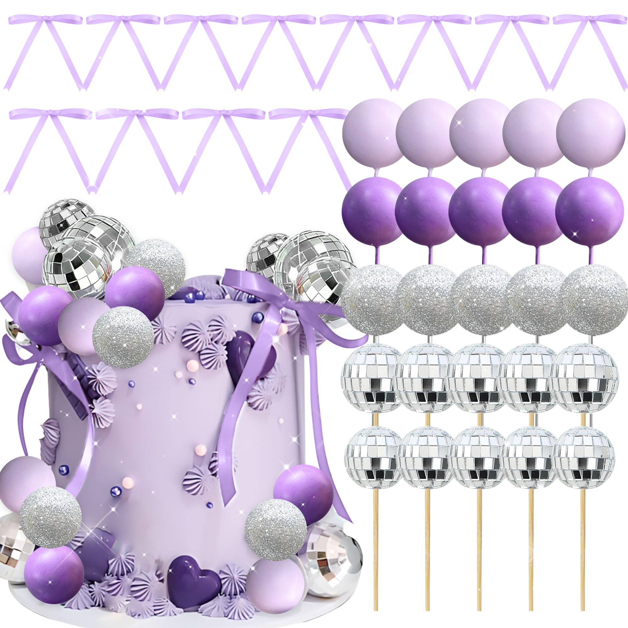 37PCS Disco Ball Cake Decor Singer Stars Purple Bow Balls Cake Supplies for Birthday Party Decoration