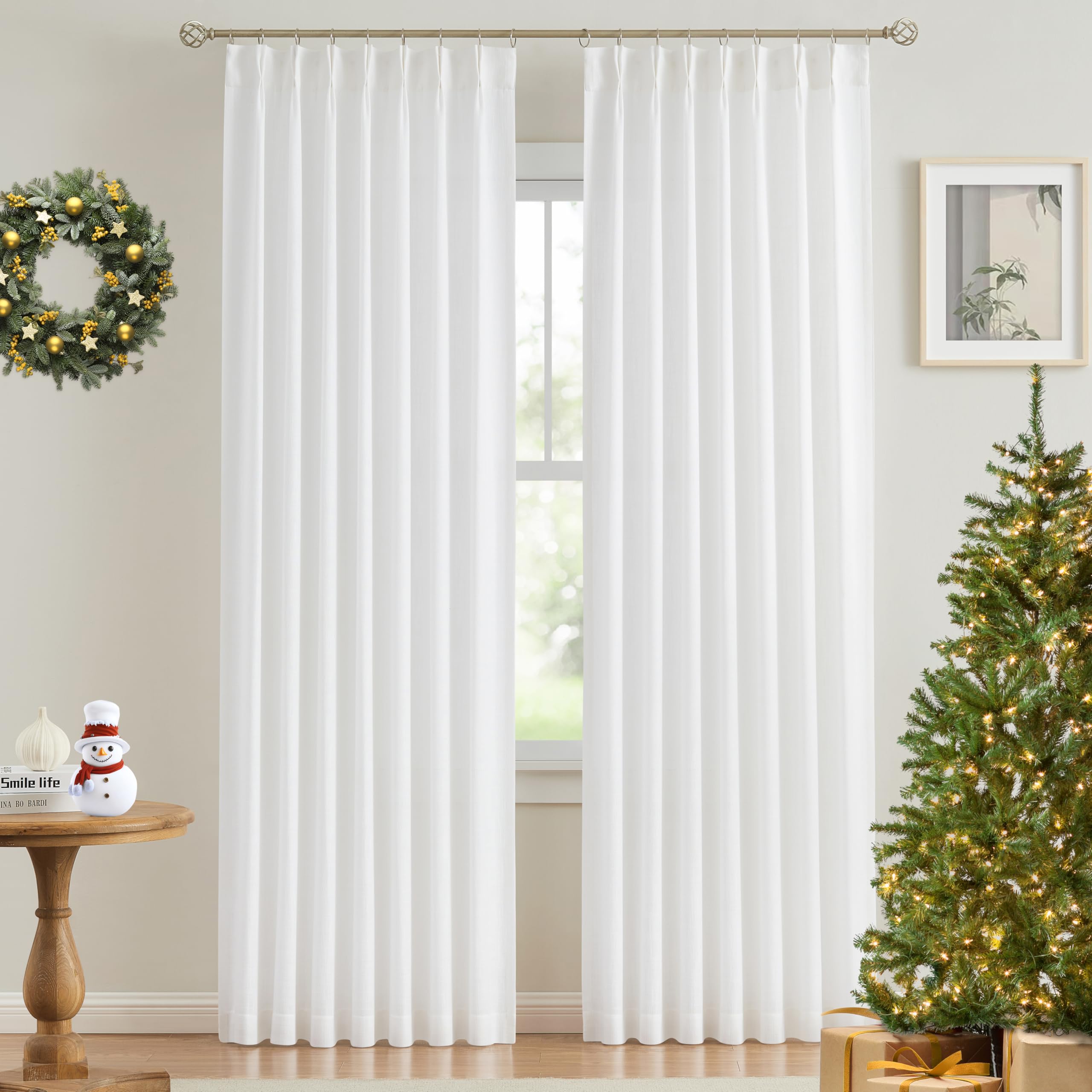 Vision Home White Pinch Pleated Semi Sheer Curtains Textured Light Filtering Window Curtains 84 inch for Living Room Bedroom Rayon Blended Pinch Pleat Drapes with Hooks 2 Panels 40" Wx84 L