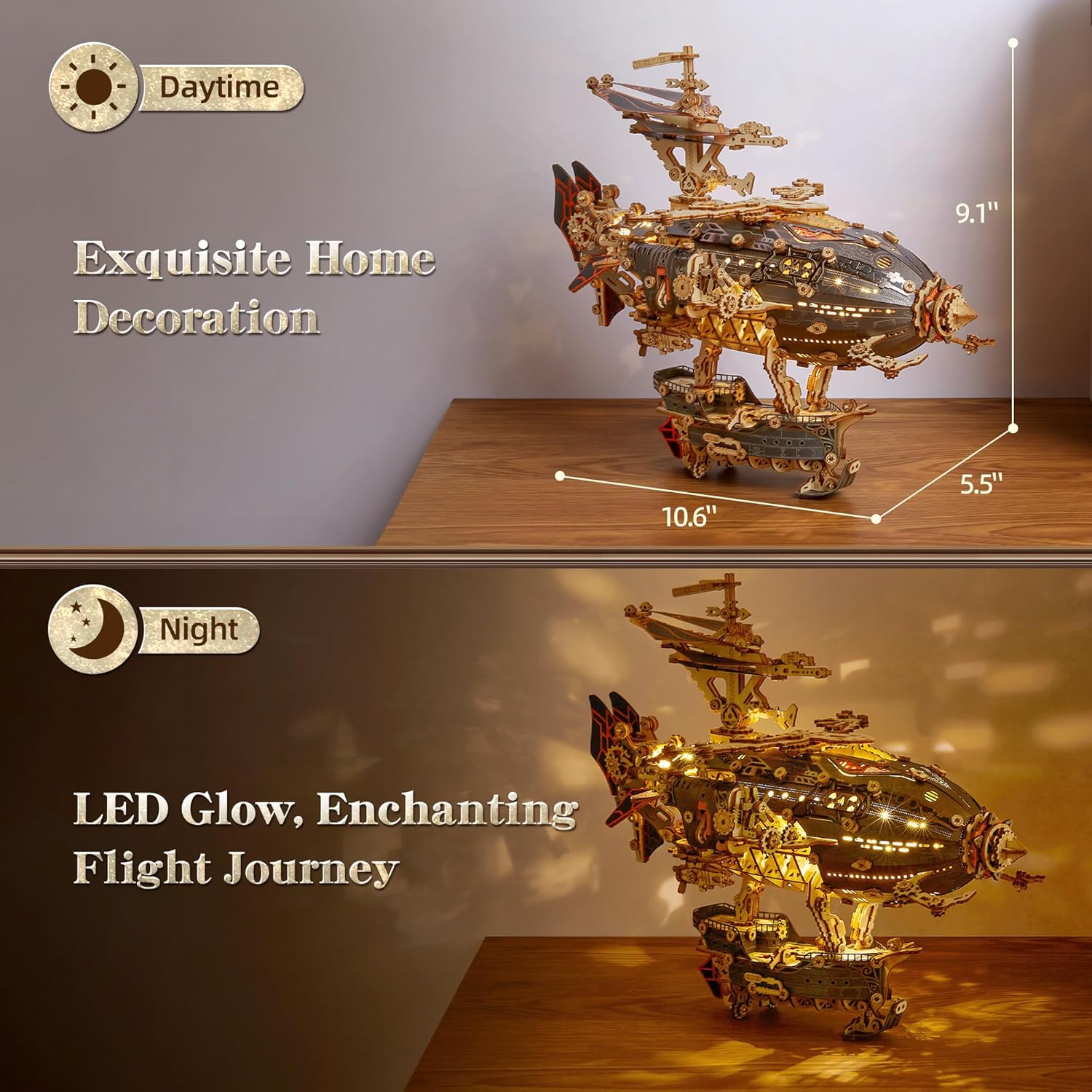 LED 3D Wood Puzzle Fantasy Airship Model - Steampunk DIY Craft Kit with LED Lights – Intricate Wooden Airship Model Building Set for Teens and Adults(Gray)