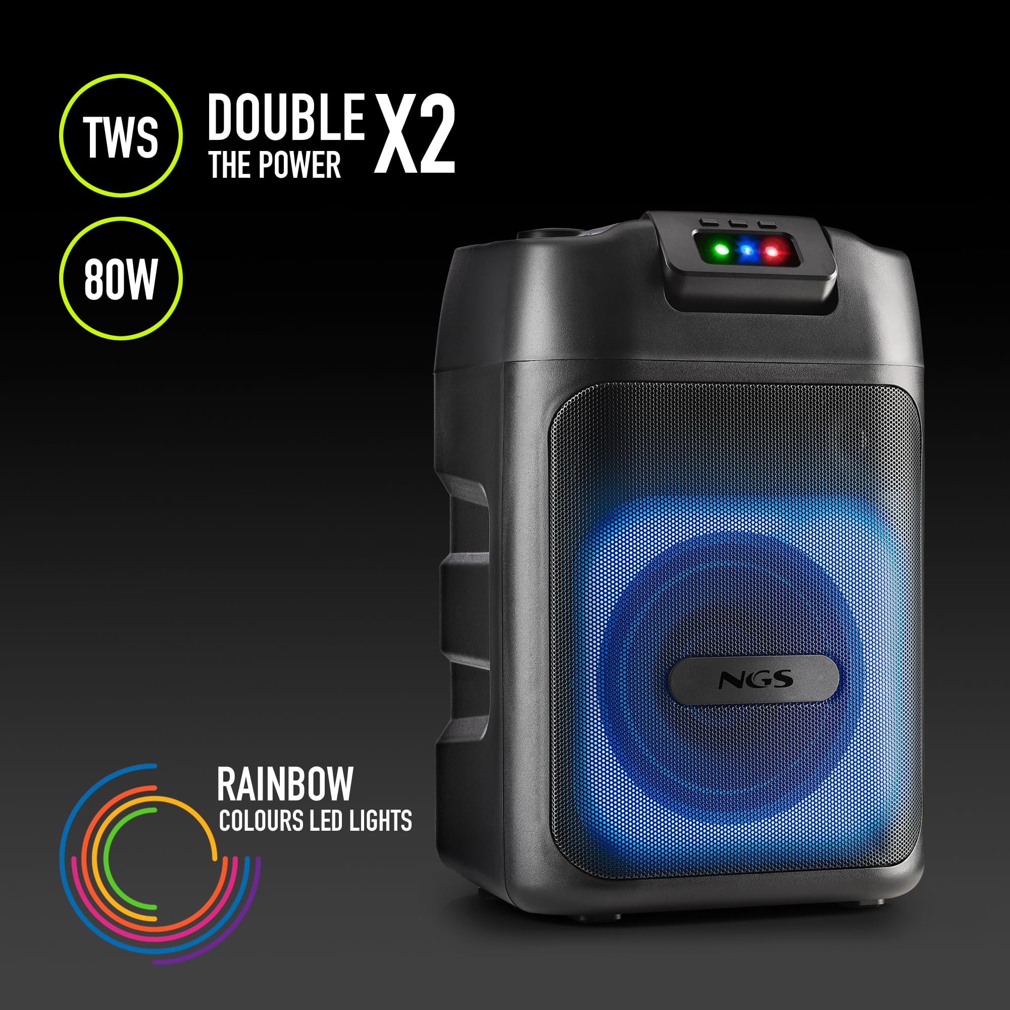 NGS Wild Club – Altoparlante portatile Fiesta Bluetooth 5.2, 80 W, luci laser e RGB, 2 ingressi microfono karaoke, 5400 mAh batteria 6H, USB/AUX/TF