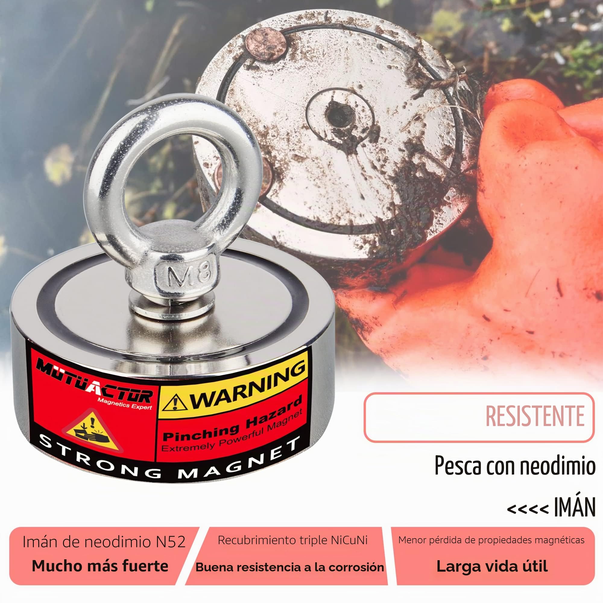 MUTUACTOR Iman de pesca neodimio N52 320 kg con cuerda 20 m para recuperacion magnetica