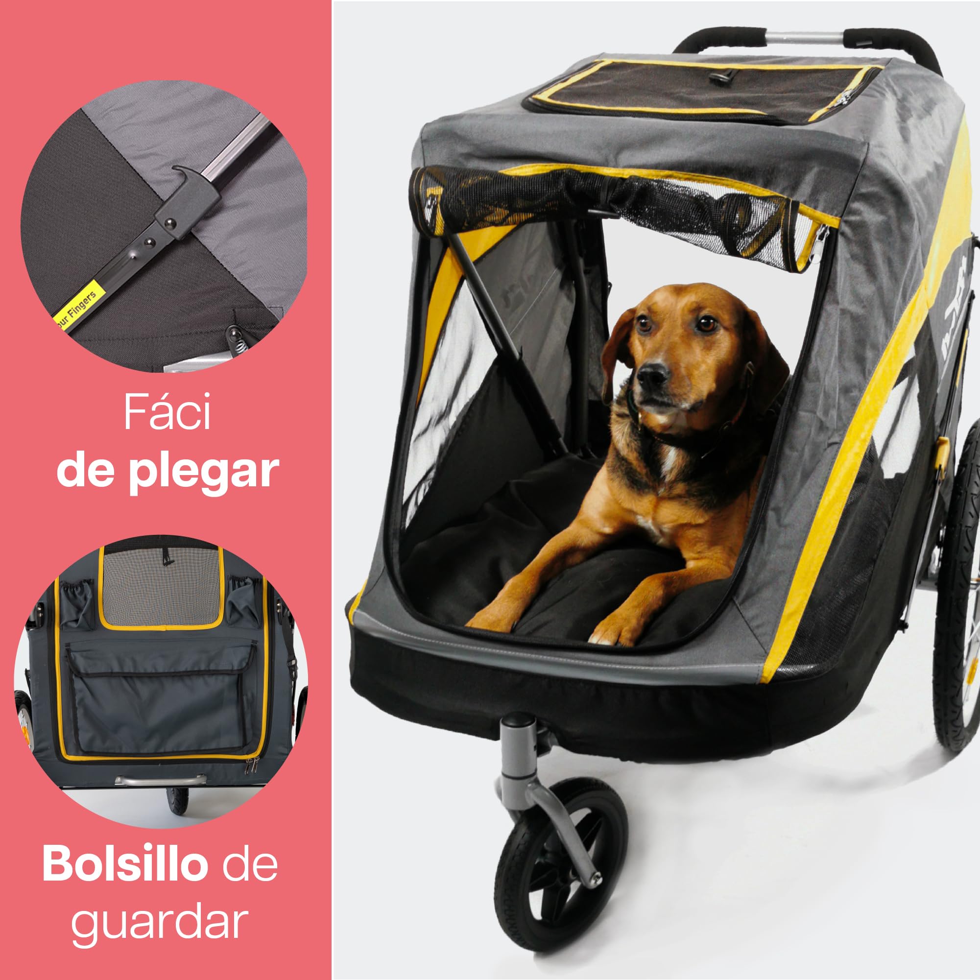 InnoPet Hercules 2 en 1 Cochecito y Remolque para Perros Amarillo Gris con Barra para Bicicleta, Ruedas de Aire de 20 Pulgadas, Estructura Robusta e Incluye Funda para Lluvia