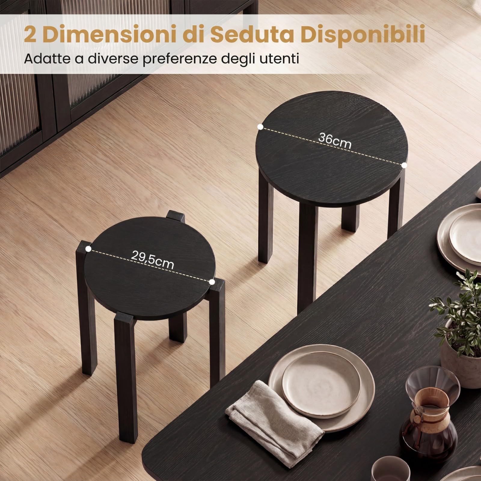 COSTWAY Set di 4 Sgabelli Impilabili 4 in 1, Sgabelli in Legno con Portavaso con Rotelle, 2 Grandi Ø36 cm e 2 Piccoli Ø35 cm, Tavolino Laterale Rotondo per Soggiorno e Camera da Letto (Nero)