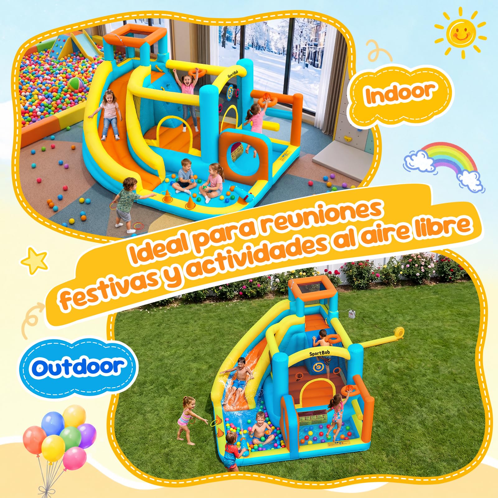 Castillo Hinchable con Tobogán Acuático, Soplador Incluido, Piscina de Bolas, Zona de Saltos y Rocódromo, para Uso Interior y Exterior, Ideal para Parques y Fiestas Familiares