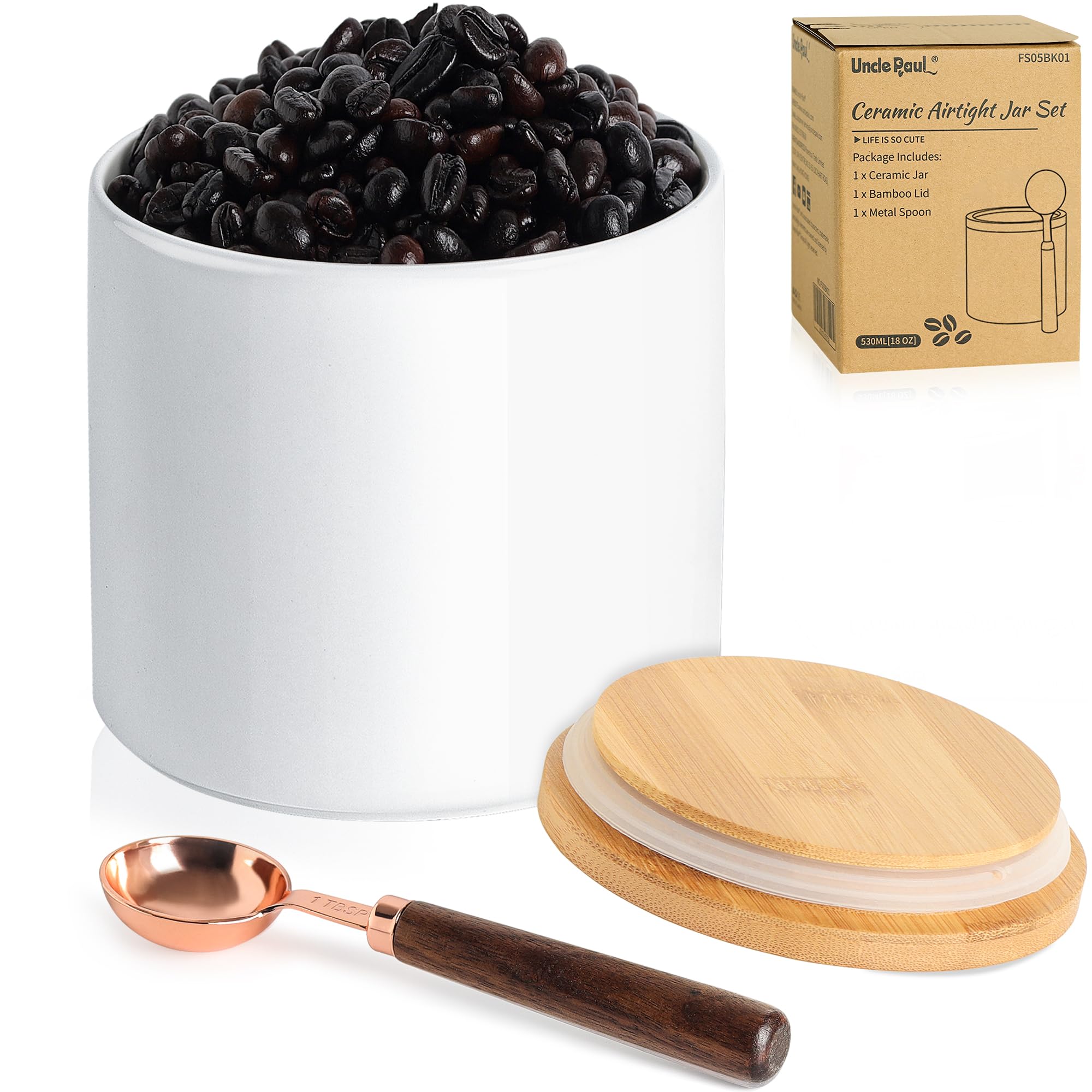 Uncle Paul Ceramic Coffee Containers with Lids & Spoon - 17.9OZ(530 ML) Sealed Glossy Coffee Beans Jar Food Storage Pot for Nuts, Snack, Sugar, Tea, Flour Kitchen Supplies (White)