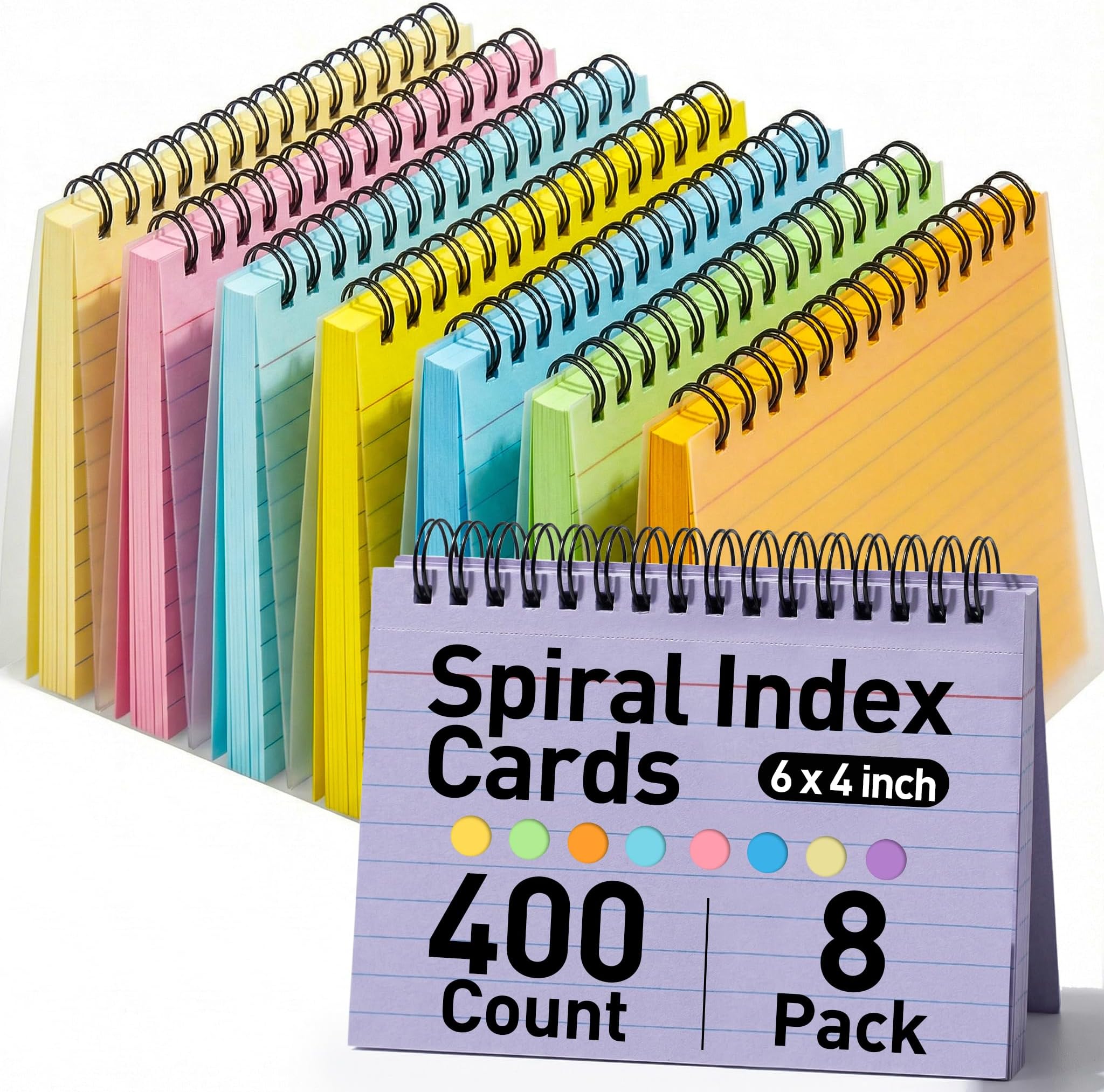 Koogel 400PCS Index Cards, 4x6 Large Index Cards with Key Rings for School, Flashcards Heavy Note Card with Waterproof Covers for Studying Learning College Office Home Supplies, 8 Colors