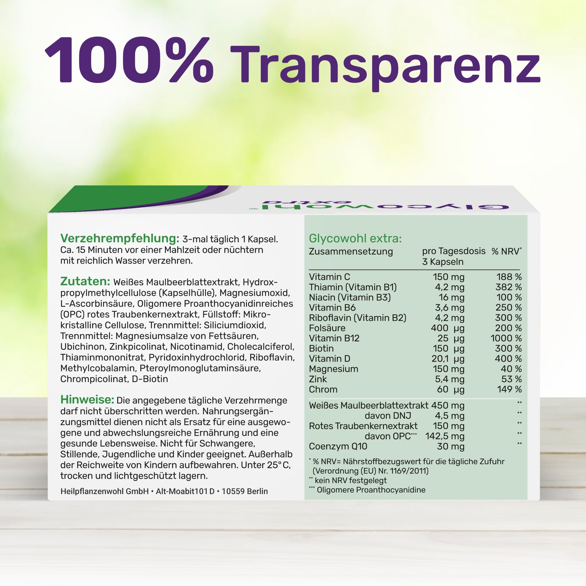Glycowohl Extra Blutzucker Komplex – mit Chrom, OPC & Maulbeerblattextrakt | Chrom trägt zur Aufrechterhaltung eines normalen Blutzuckerspiegels bei · OPC, Maulbeerblatt, Vitaminen & CoQ10